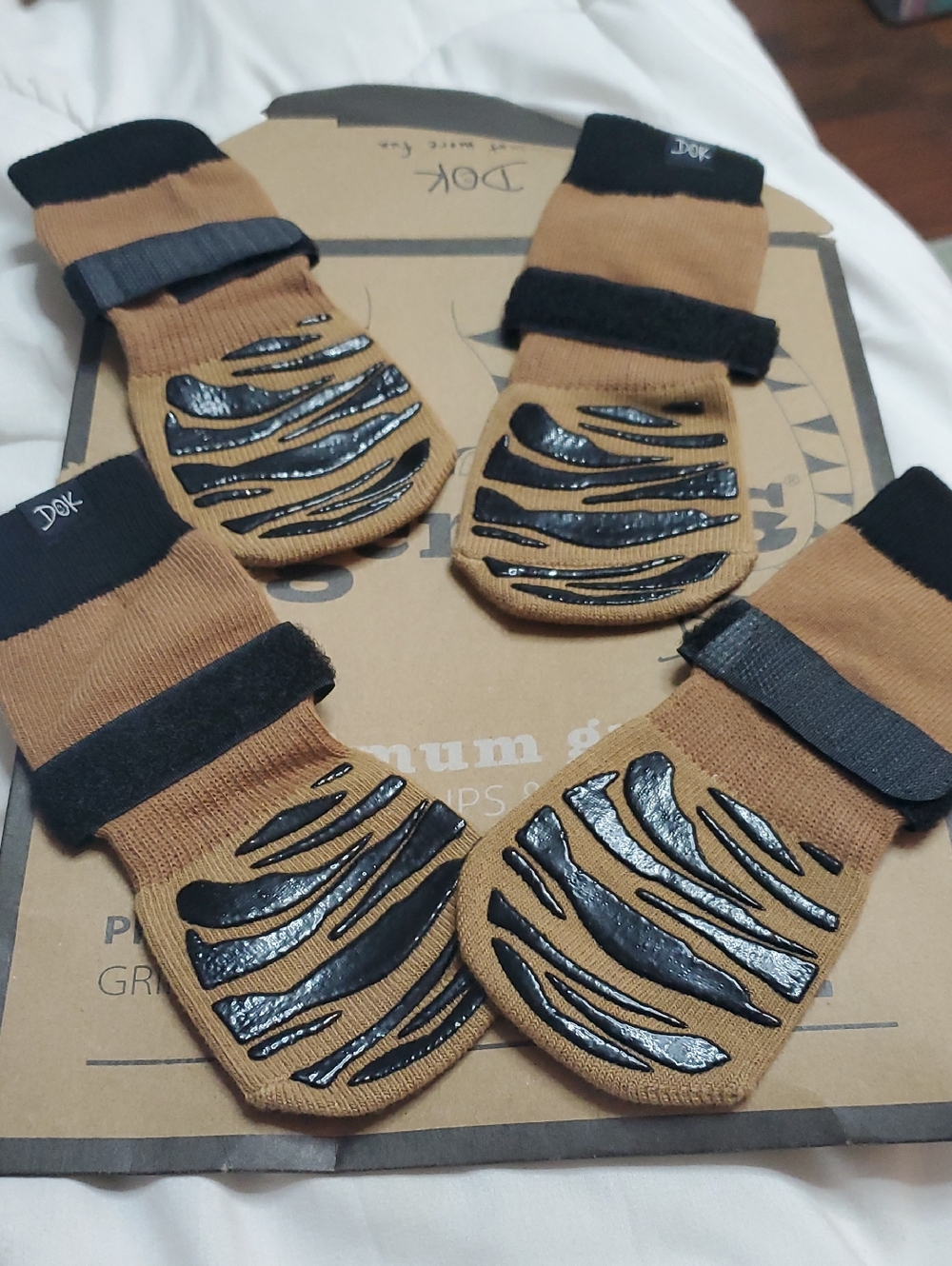 Dog Non-Slip Recovery Socks in Tan & Black - Secure Velcro Straps